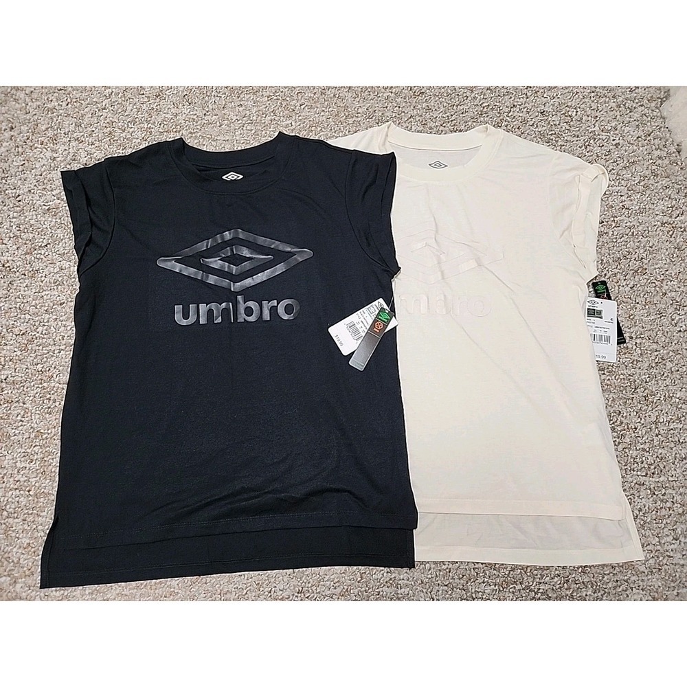 2 Umbro Tops Womens Large Graphic Print Stretch Cap Sleeve Hi-Low Soccer NWT
